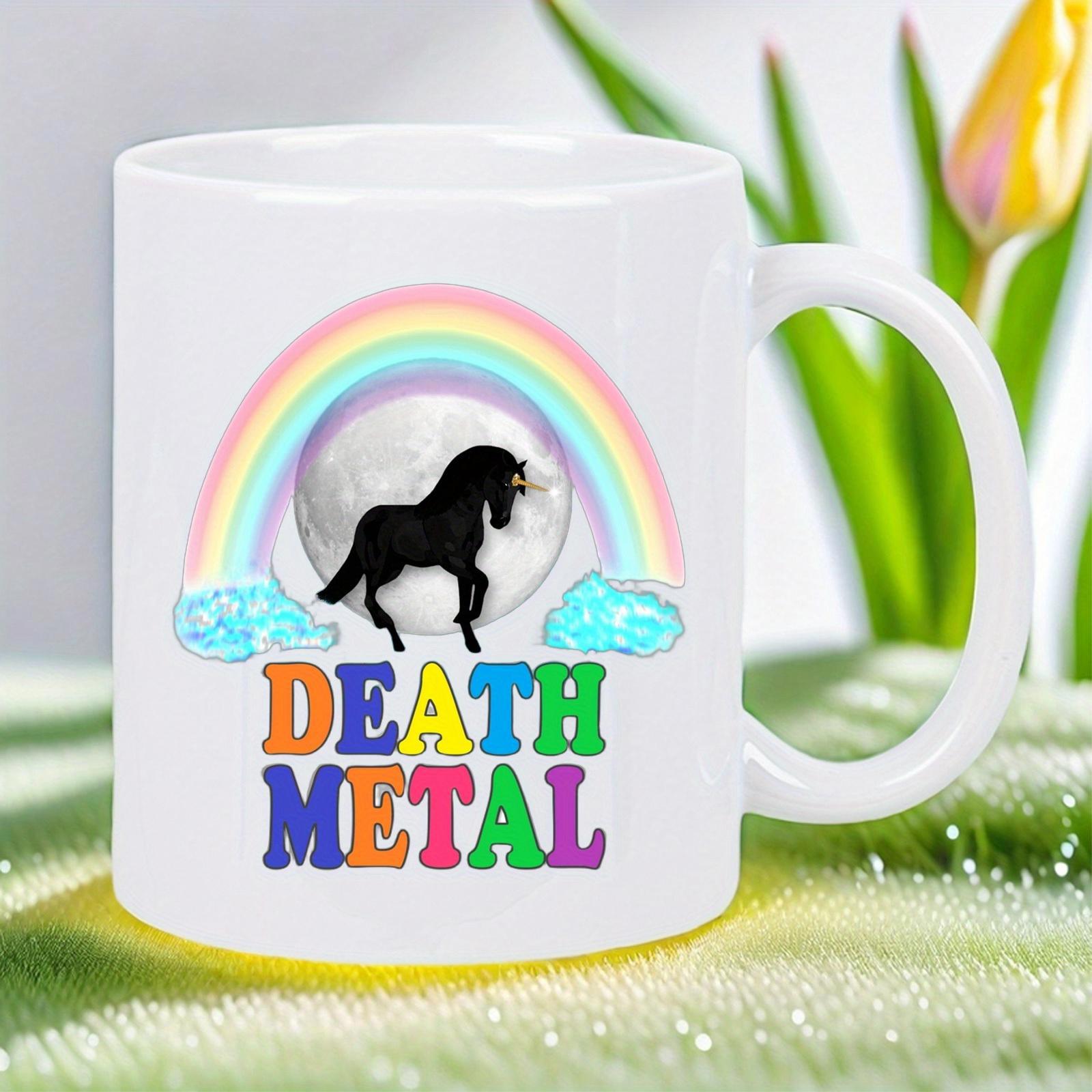 Tailorly White Ceramic 11 oz Mug - Death Metal Colorful Rainbow Arching Over A Black Silhouette Under The Moon Unicorn