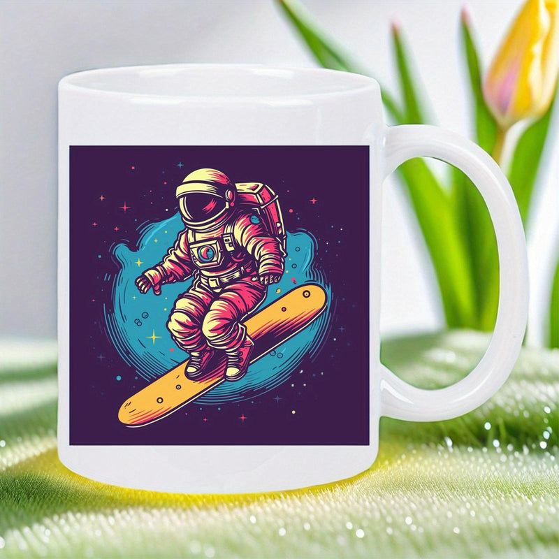 Tailorly White Ceramic 11 oz Mug - Vibrant Galactic Surfer Drifting Through Deep Space On Yellow Board Astronaut