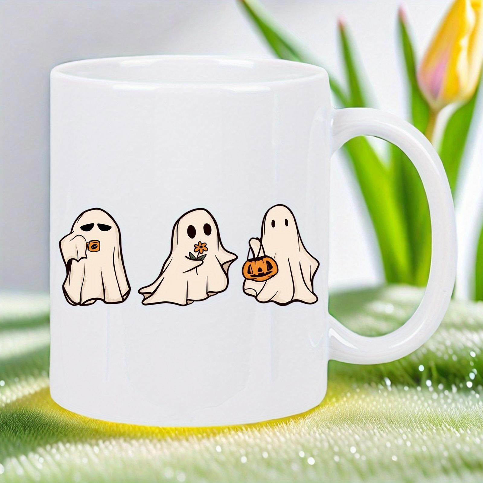 Tailorly White Ceramic 11 oz Mug - Three Adorable Cartoon Characters Holding Pumpkin Pails And Sipping Refreshing Coffee Ghost