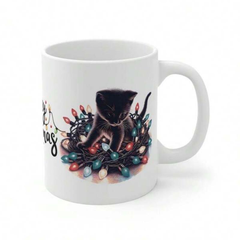 Tailorly White Ceramic 11 oz Mug - Merry Christmas Playful Black Kitten Sitting Inside Tangled Bright Colorful Glowing Holiday String Lights Kitten