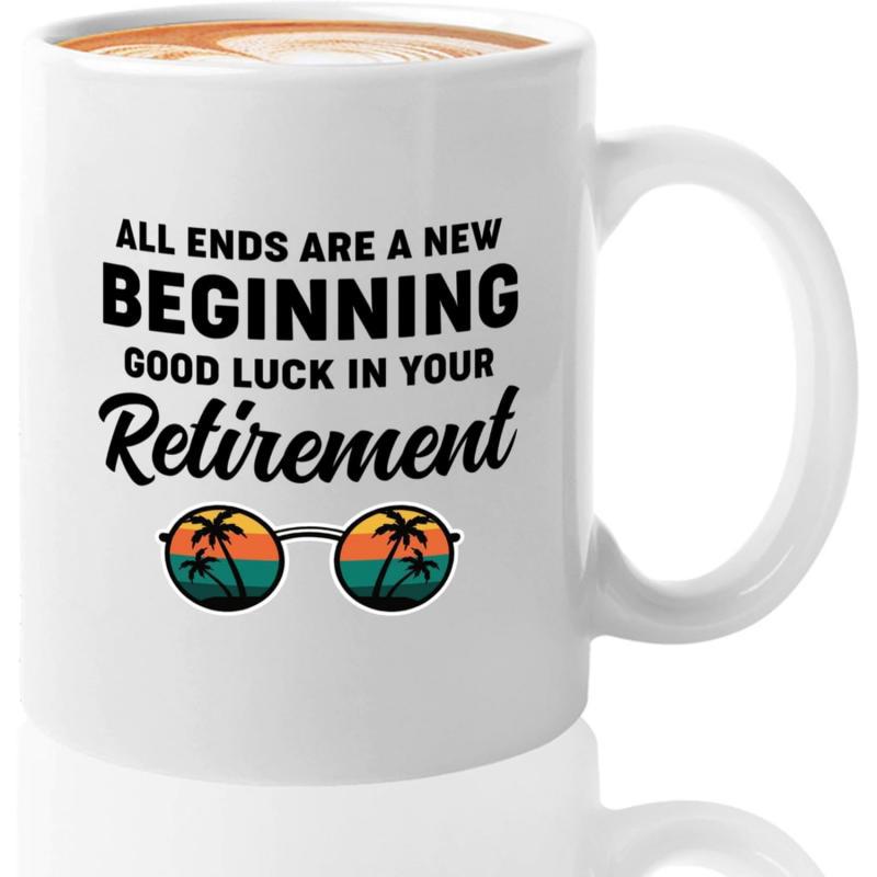 Tailorly White Ceramic 11 oz Mug - All Ends Are A New Beginning Good Luck In Your Retirement Retro Summer Sunset Scene Reflecting Through Tropical Palm Tree Lenses