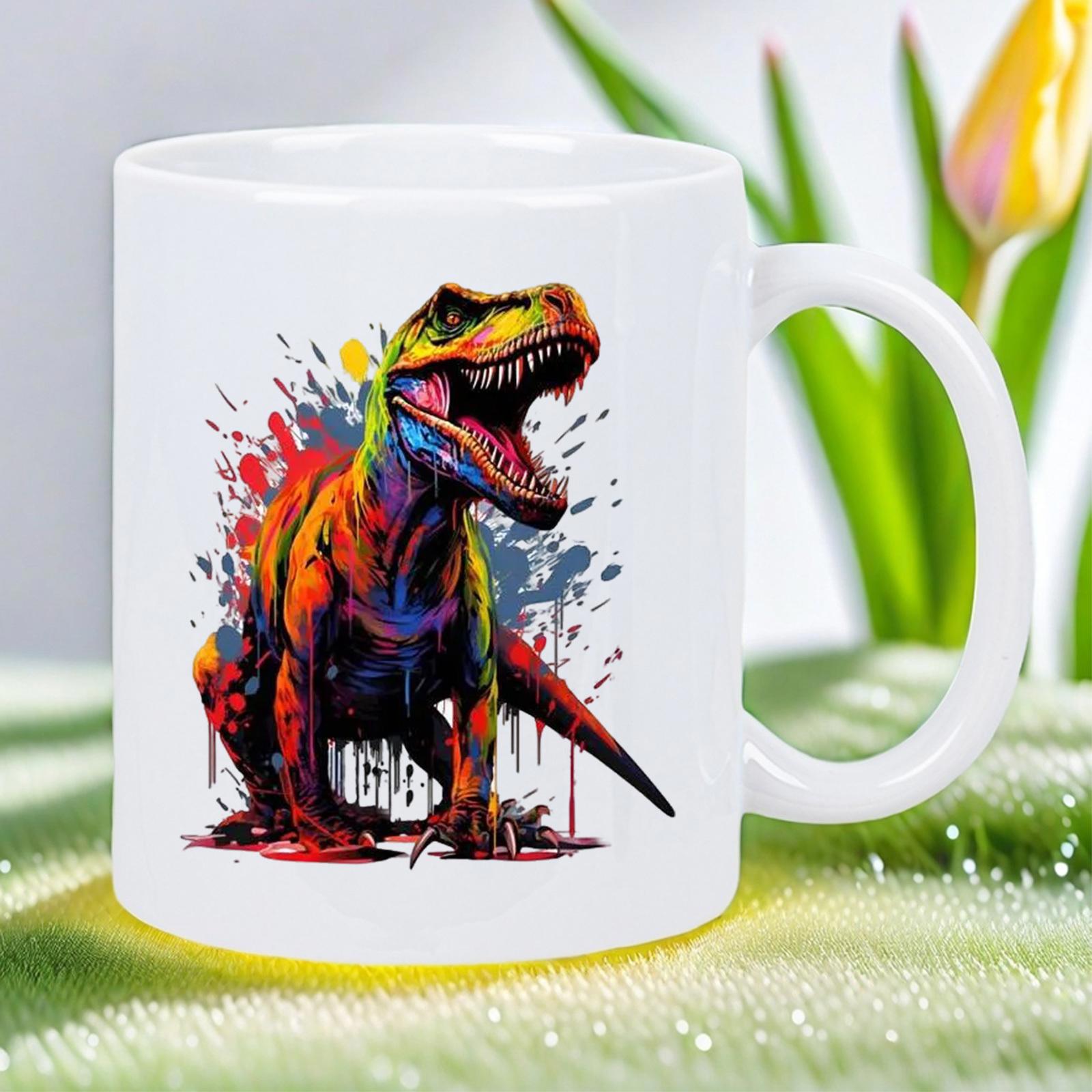 Tailorly White Ceramic 11 oz Mug - Vibrant Colorful Splash Art With Roaring Prehistoric Creature Mighty Fierce Dinosaur