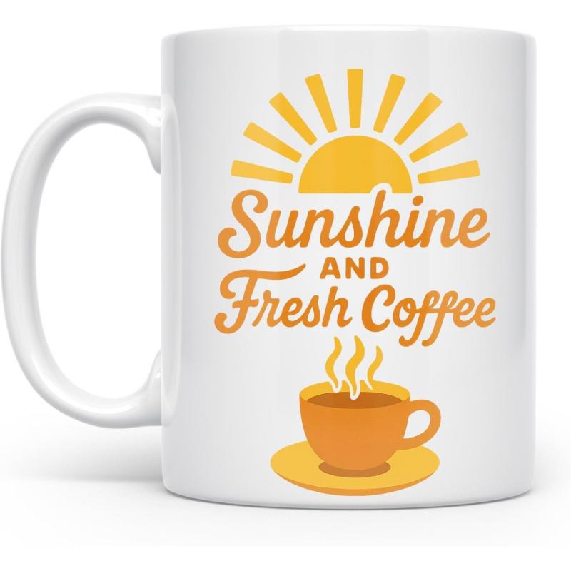 Tailorly White Ceramic 11 oz Mug - Sunshine And Fresh Coffee Radiant Yellow Sun Over Steaming Cup Resting On Saucer Coffee