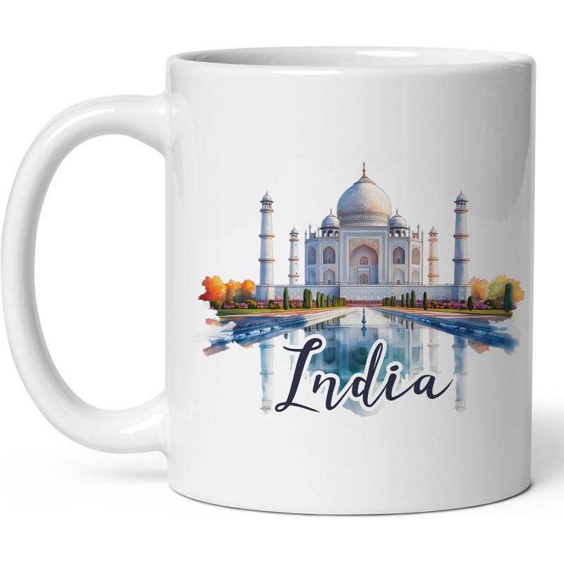 Tailorly White Ceramic 11 oz Mug - India Artistic Watercolor Monument Reflecting On Peaceful River Under Bright Daylight Taj Mahal