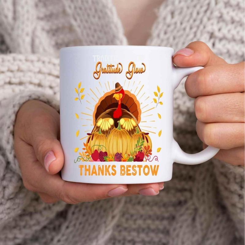 Tailorly White Ceramic 11 oz Mug - Grateful Give Thanks Bestow Festive Cartoon Bird Resting Among Ripe Harvest Pumpkins Turkey