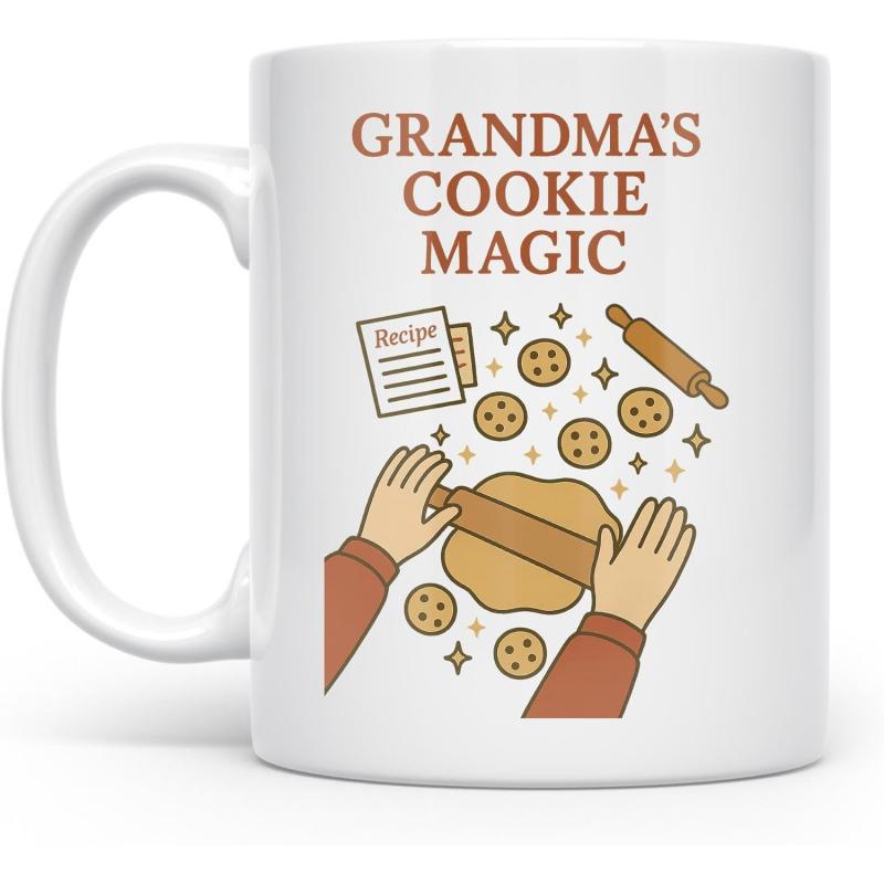 Tailorly White Ceramic 11 oz Mug - Grandmas Cookie Magic Hands Rolling Sweet Dough Among Falling Stars And Golden Cookie