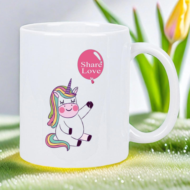 Tailorly White Ceramic 11 oz Mug - Share Love Cute Cartoon Sitting With A Pink Floating Heart Balloon Unicorn