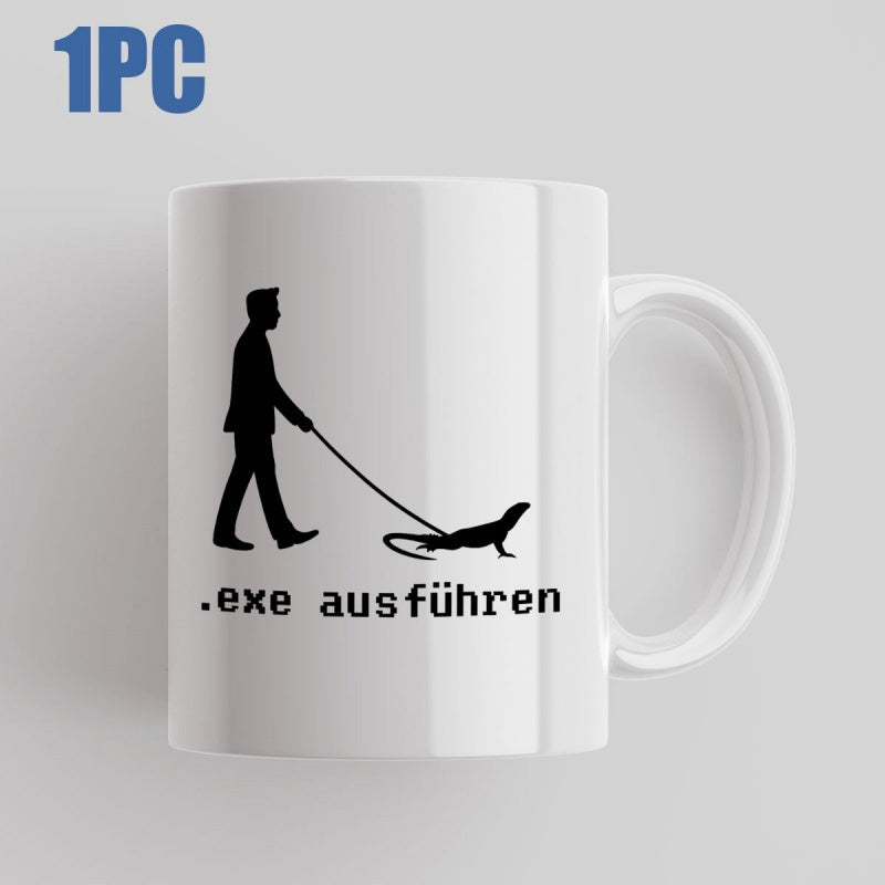 Tailorly White Ceramic 11 oz Mug - Minimalist Black Silhouette Of A Man Walking A Leashed Lizard