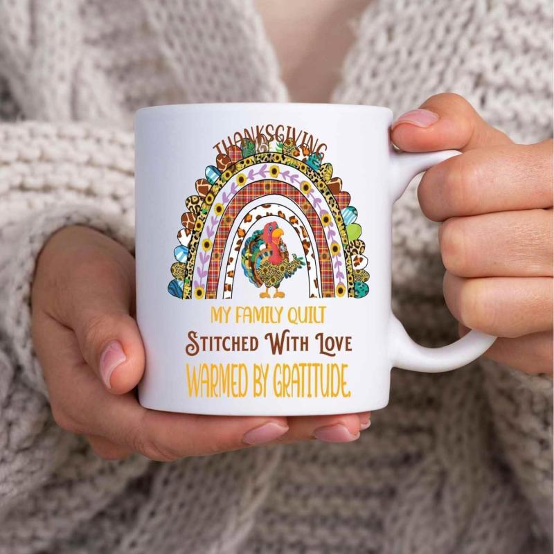 Tailorly White Ceramic 11 oz Mug - Thanksgiving My Family Quilt Stitched With Love Warmed By Gratitude Colorful Textured Rainbow Pattern Surrounding A Traditional