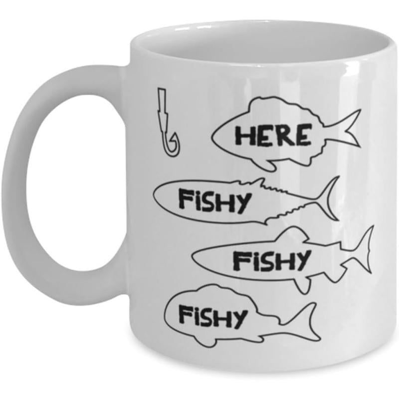 Tailorly White Ceramic 11 oz Mug - Here Fishy Fishy Fishy Minimalist Outlined Fishing Hook With Multiple Swimming Aquatic Creature Silhouettes Fish