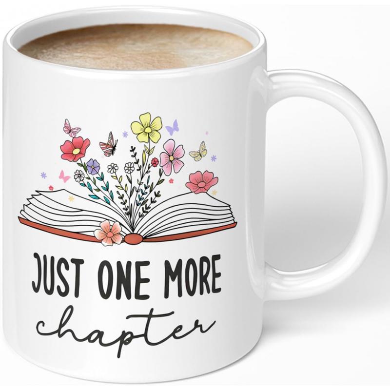 Tailorly White Ceramic 11 oz Mug - Just One More Chapter Colorful Flowers And Graceful Butterflies Emerging From Open Book