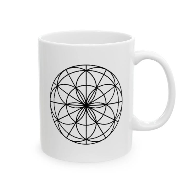 Tailorly White Ceramic 11 oz Mug - Intricate Sacred Geometry Consisting Of Overlapping Circles And Linear Symmetry Pattern