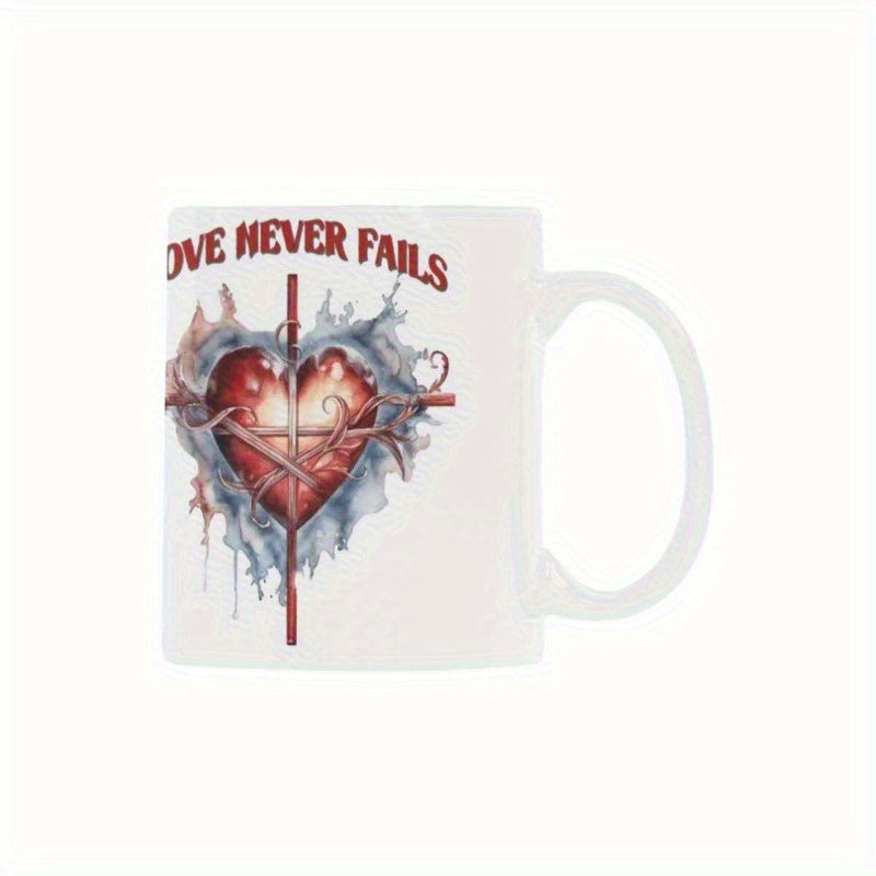Tailorly White Ceramic 11 oz Mug - Love Never Fails Radiant Glowing Sacred Cross Surrounded By Artistic Blue Water Splashes Heart