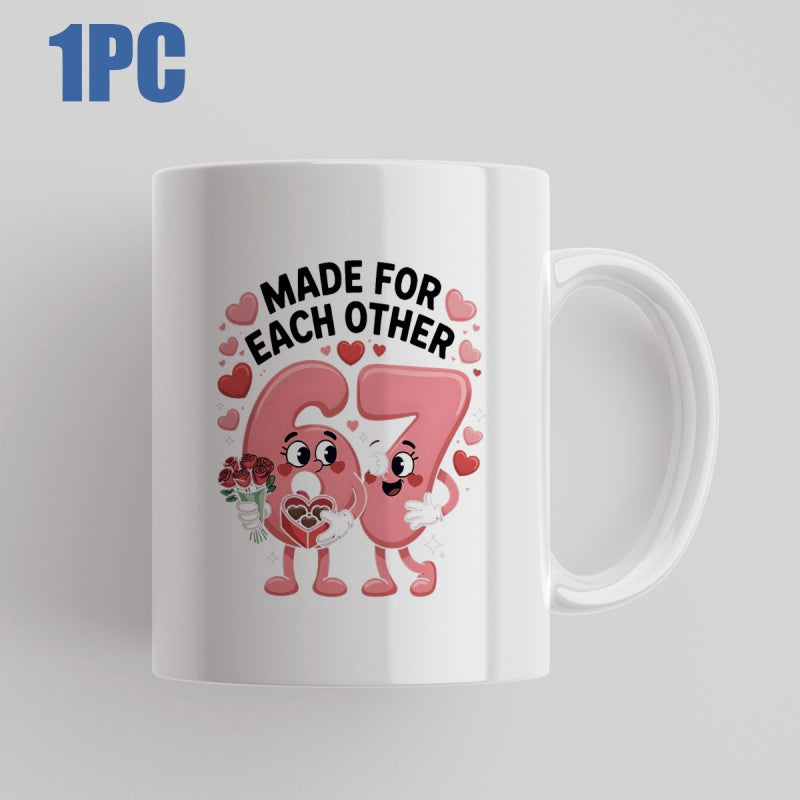 Tailorly White Ceramic 11 oz Mug - Made For Each Other Animated Pink Cartoon Figures Holding Flowers And Heart Box Couple