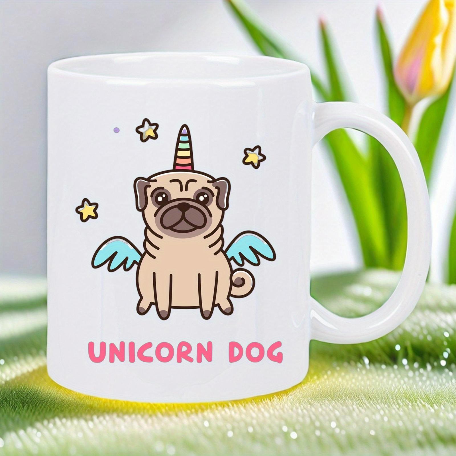 Tailorly White Ceramic 11 oz Mug - Unicorn Dog Cute Cartoon Pug With Rainbow Horn And Wings Flying Among Stars Pug