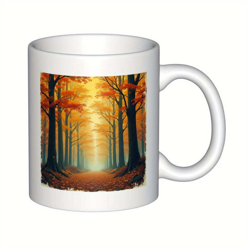 Tailorly White Ceramic 11 oz Mug - Golden Autumn Sunlight Filtering Through Misty Tall Trees Along Forest