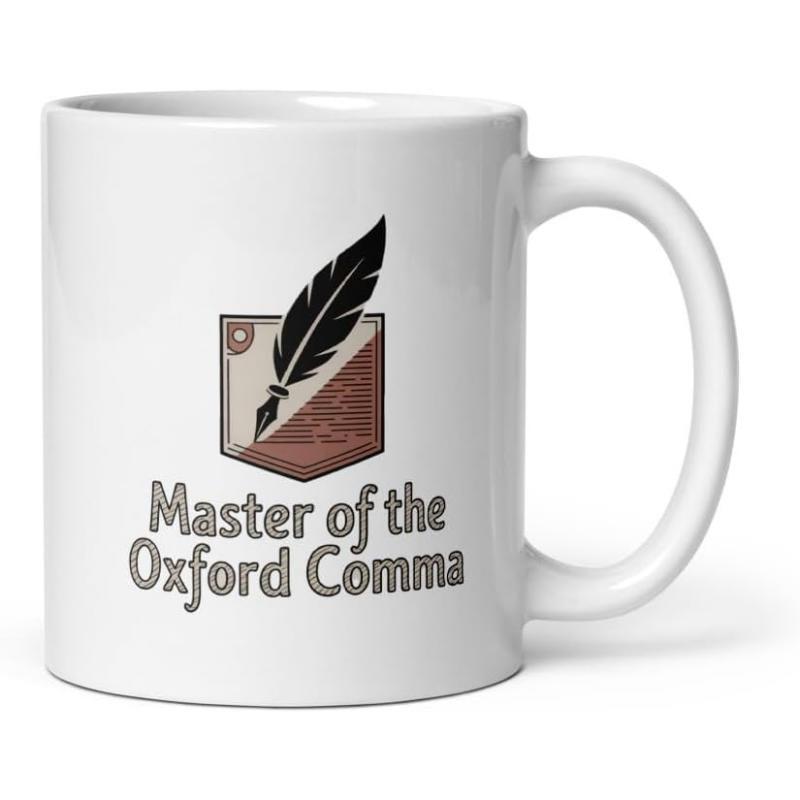 Tailorly White Ceramic 11 oz Mug - Master Of The Oxford Comma Elegant Black Quill Pen Placed Over A Classic Decorative Crest Shield Quill