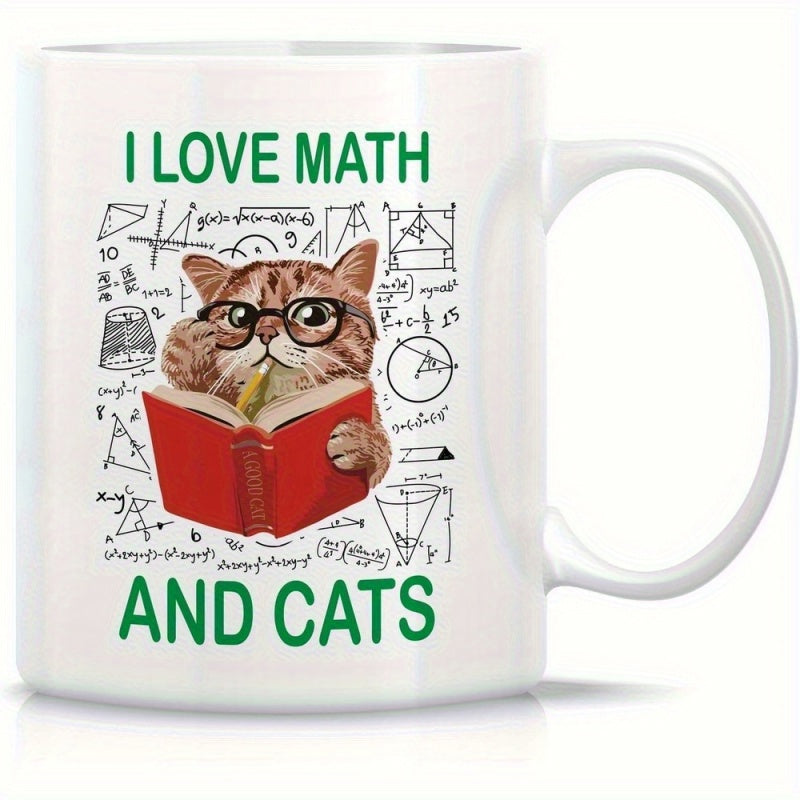 Tailorly White Ceramic 11 oz Mug - I Love Math And Cats Brown Tabby Cat Wearing Glasses Holding Red Book Among Geometric Sketches Cat