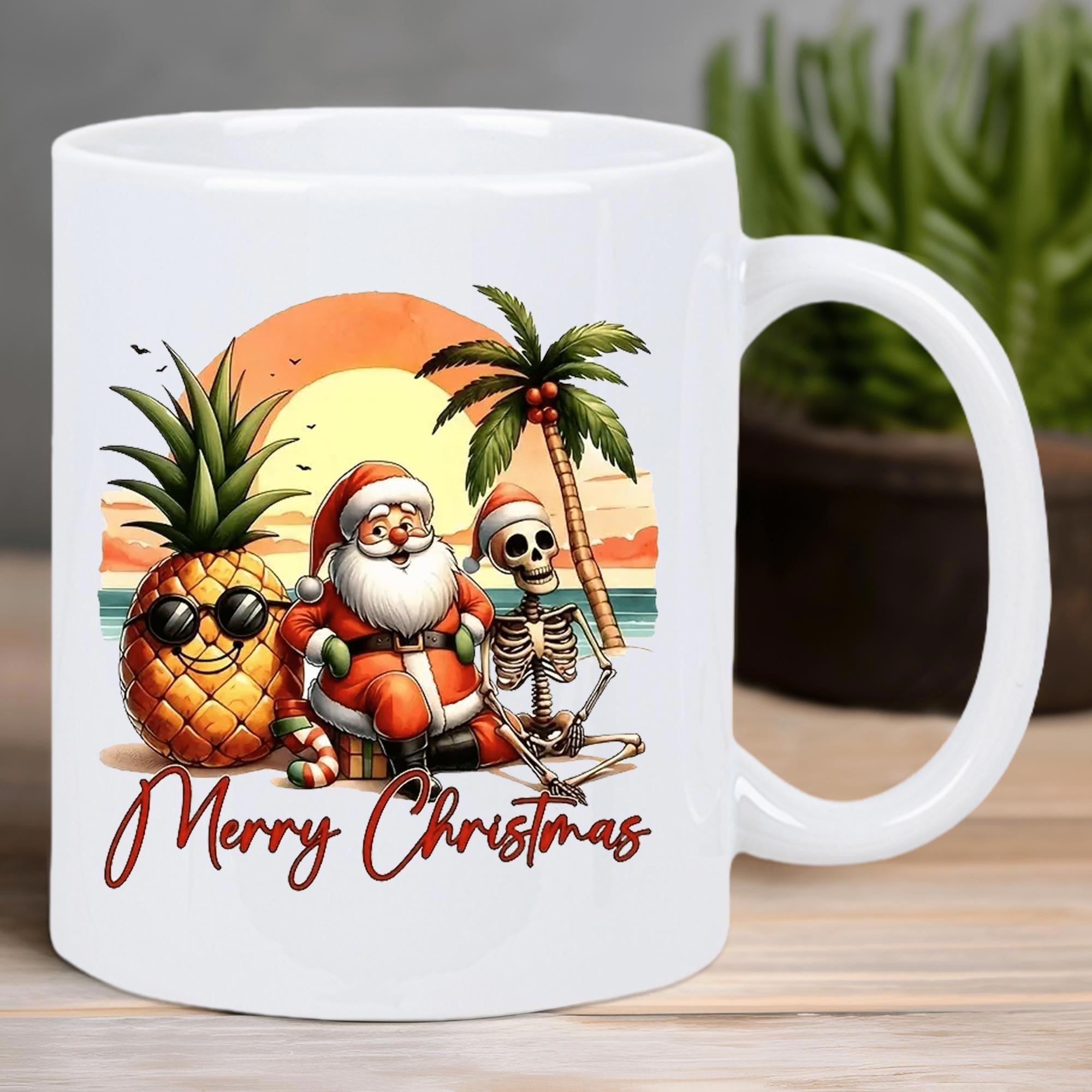 Tailorly White Ceramic 11 oz Mug - Merry Christmas Tropical Beach Sunset With Santa And Skeleton Near Pineapple Santa