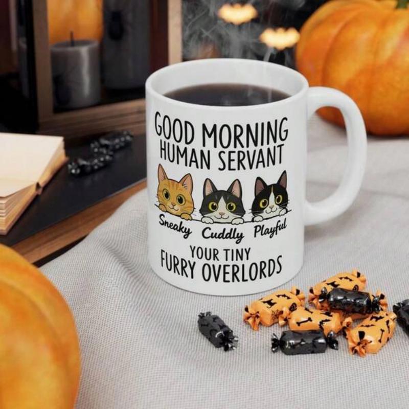 Tailorly White Ceramic 11 oz Mug - Good Morning Human Servant Sneaky Cuddly Playful Your Tiny Furry Overlords Three Adorable Cartoon Feline Heads Peering Over A