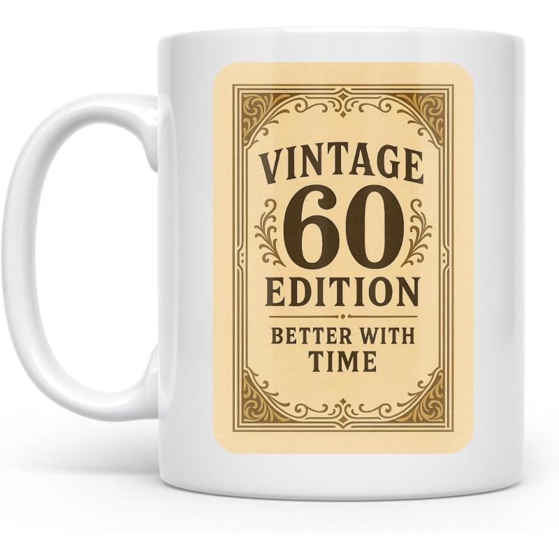 Tailorly White Ceramic 11 oz Mug - Vintage 60 Edition Better With Time Elegant Ornamental Frame With Classic Filigree Scrollwork Design Label