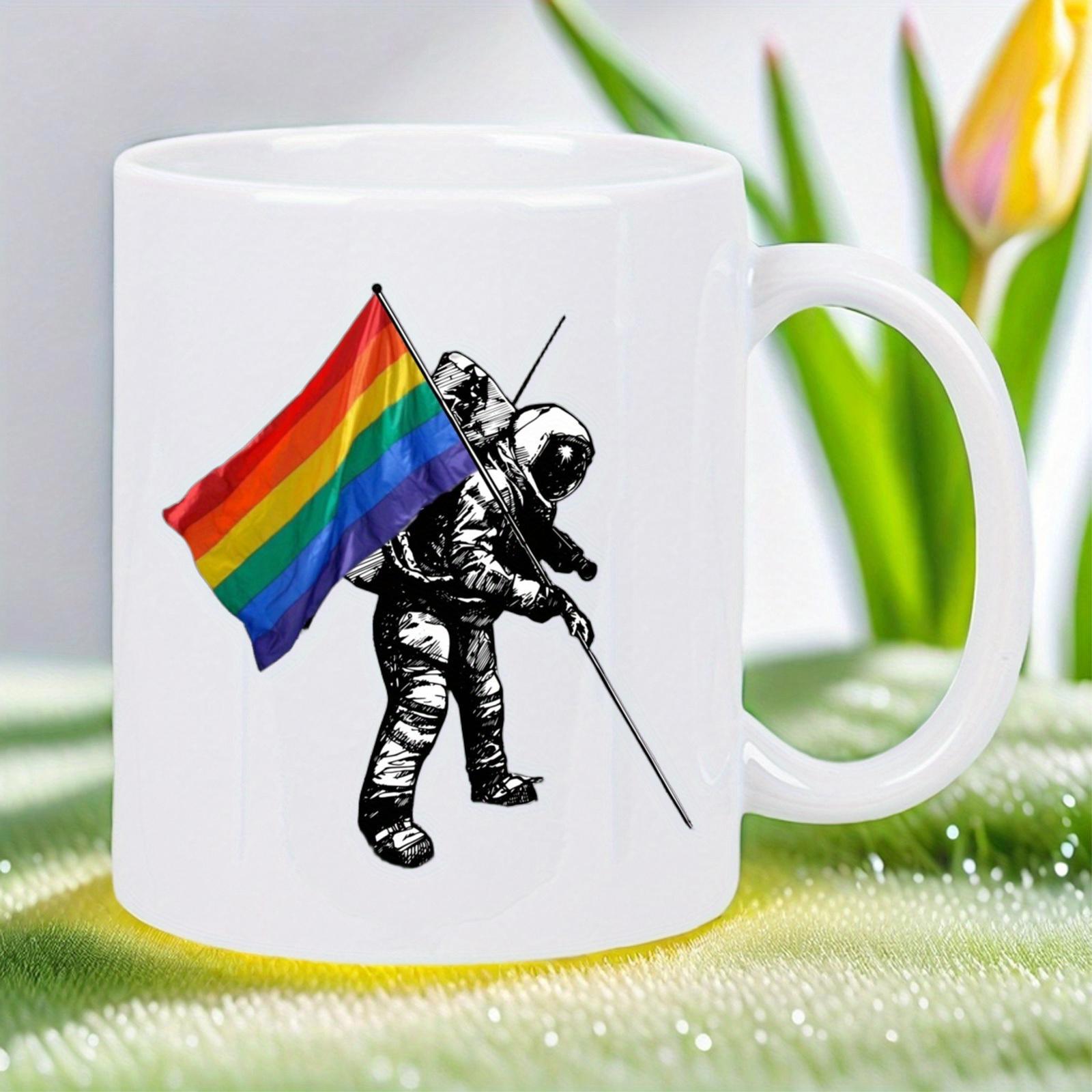 Tailorly White Ceramic 11 oz Mug - Brave Galactic Traveler Planting A Vibrant Rainbow Pride Flag Astronaut