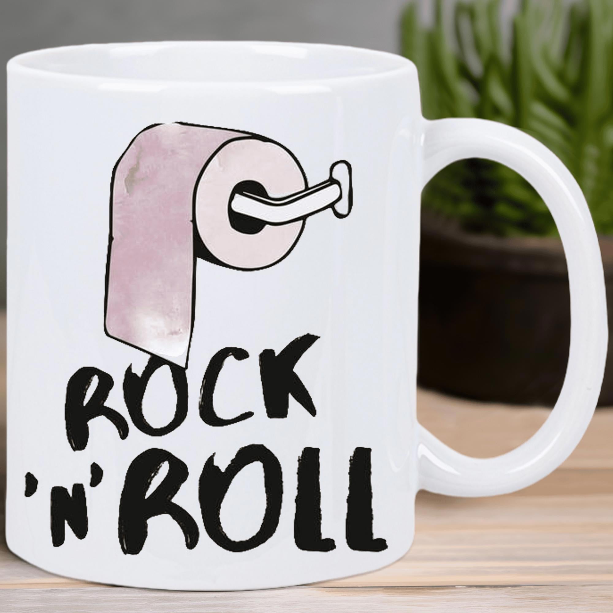 Tailorly White Ceramic 11 oz Mug - Rock N Roll Minimalist Watercolor Illustration Of A Hanging Bathroom Tissue Paper Roll