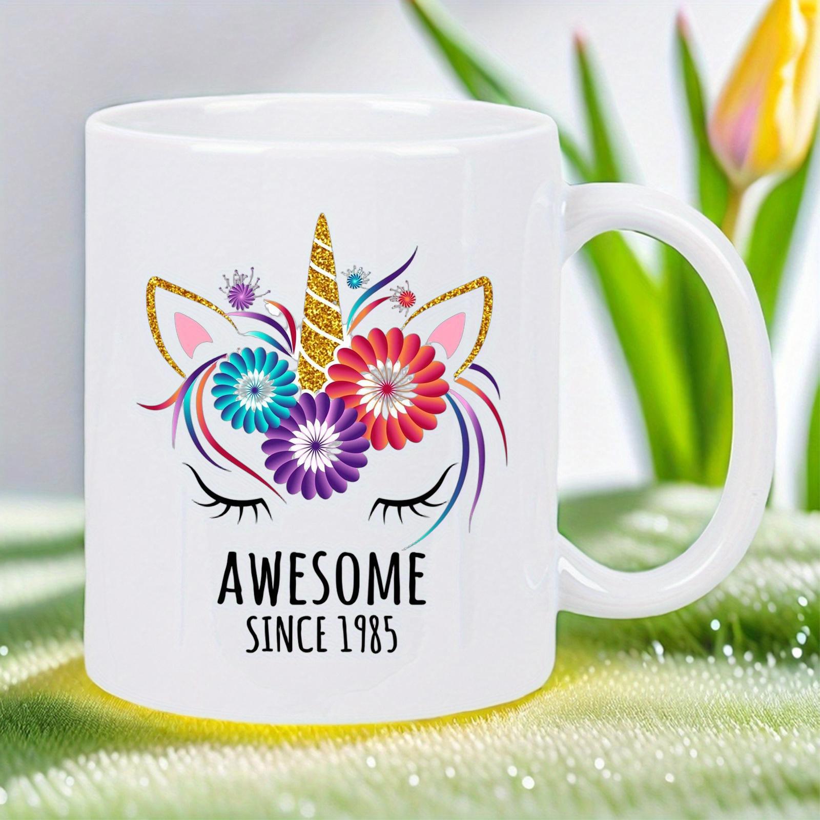 Tailorly White Ceramic 11 oz Mug - Awesome Since 1985 Majestic Golden Horn Decorated With Colorful Blooms And Delicate Eyelashes Unicorn