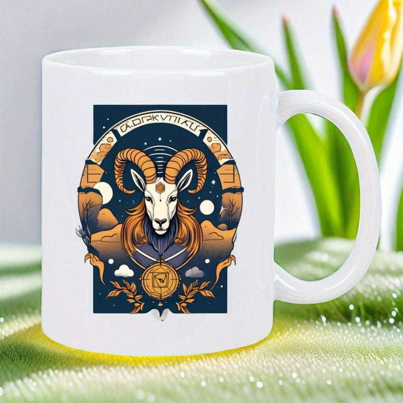 Tailorly White Ceramic 11 oz Mug - Capricorn Celestial Mystical Ram With Golden Horns Under Night Sky And Mountains Goat