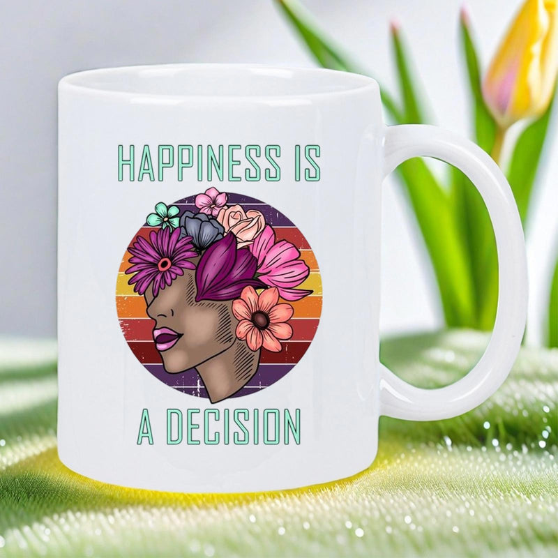 Tailorly White Ceramic 11 oz Mug - Happiness Is A Decision Vibrant Flowers Blooming From Hair Under A Vintage Retro Striped Sunset Woman