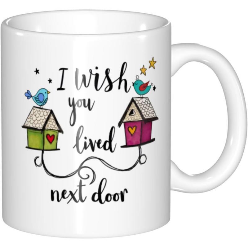 Tailorly White Ceramic 11 oz Mug - I Wish You Lived Next Door Two Small Colorful Birdhouses With Charming Little Blue Birds And Tiny Stars Birdhouse