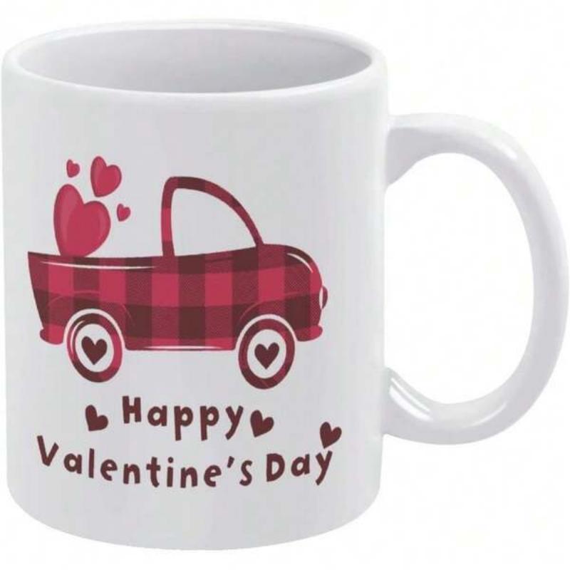 Tailorly White Ceramic 11 oz Mug - Happy Valentines Day Red Plaid Vintage Pickup Carrying Hearts With Decorative Small Festive Ornaments Truck