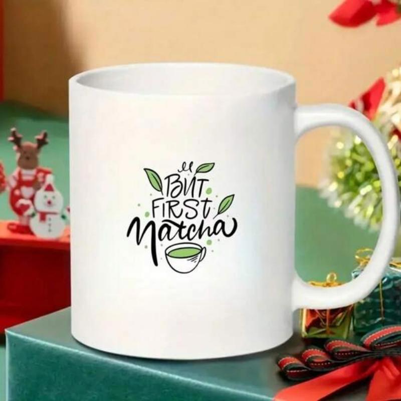 Tailorly White Ceramic 11 oz Mug - But First Matcha Delicate Green Leaves Surrounding A Small Cup Of Steaming Fresh Matcha