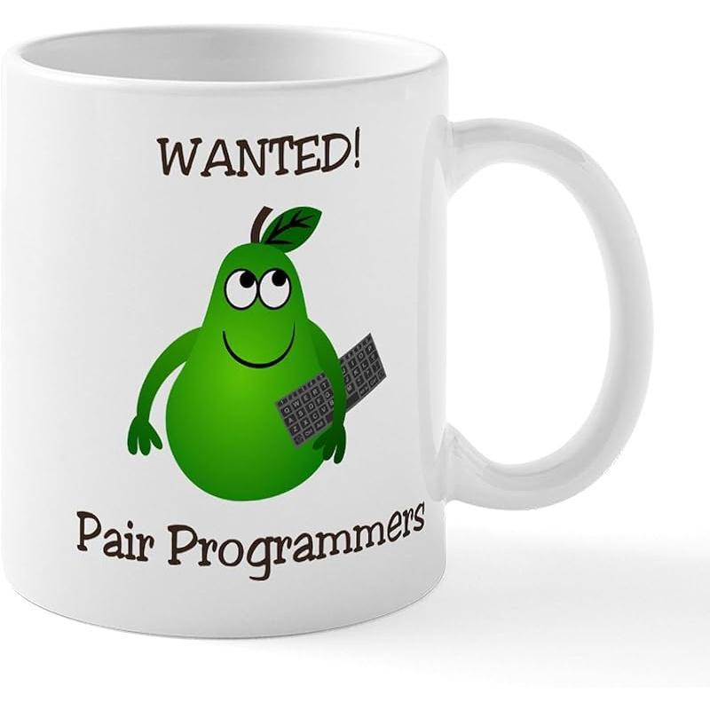 Tailorly White Ceramic 11 oz Mug - Wanted Pair Programmers Friendly Cartoon Green Fruit Holding Keyboard In Humorous Technology Theme Pear