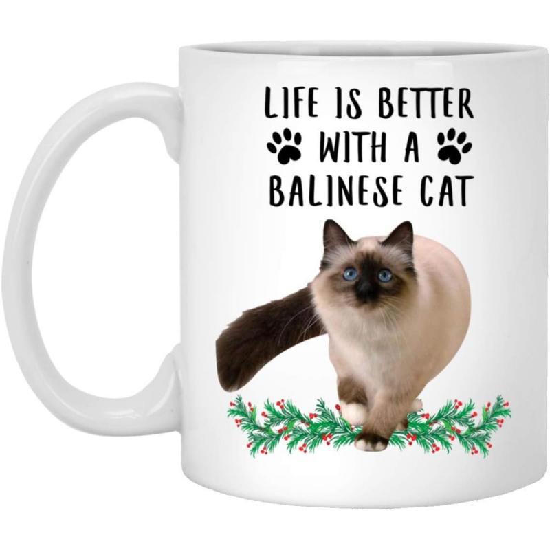 Tailorly White Ceramic 11 oz Mug - Life Is Better With A Balinese Cat Majestic Feline Resting Gracefully Above Vibrant Green Festive Foliage Cat