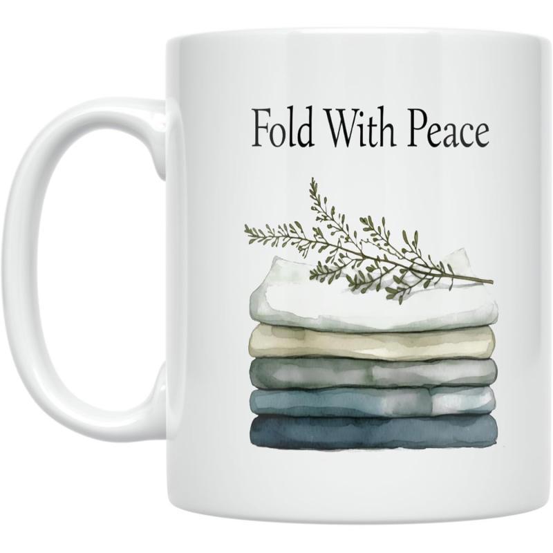 Tailorly White Ceramic 11 oz Mug - Fold With Peace Neatly Stacked Soft Folded Fabrics Beneath A Delicate Green Botanical Branch Laundry