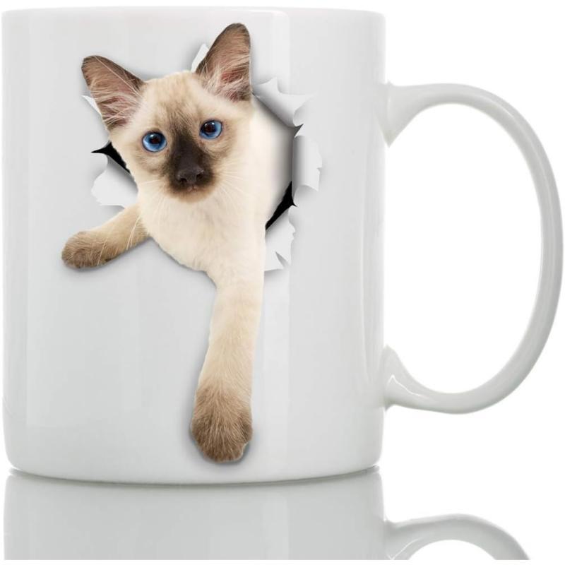 Tailorly White Ceramic 11 oz Mug - Charming Siamese Kitten Peeking Through Ripped Hole In Cat