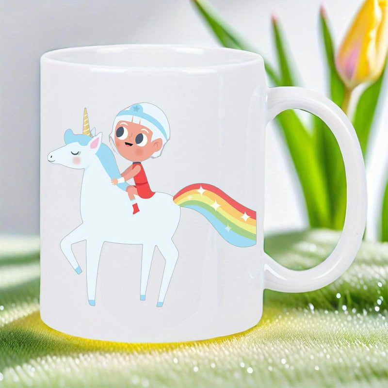 Tailorly White Ceramic 11 oz Mug - Whimsical Cartoon Girl Riding A Magical White Unicorn With Rainbow Tail Unicorn