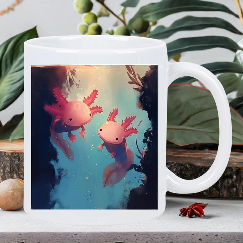Tailorly White Ceramic 11 oz Mug - Two Cute Pink Creatures Swimming Gracefully Through Clear Blue Water Axolotl