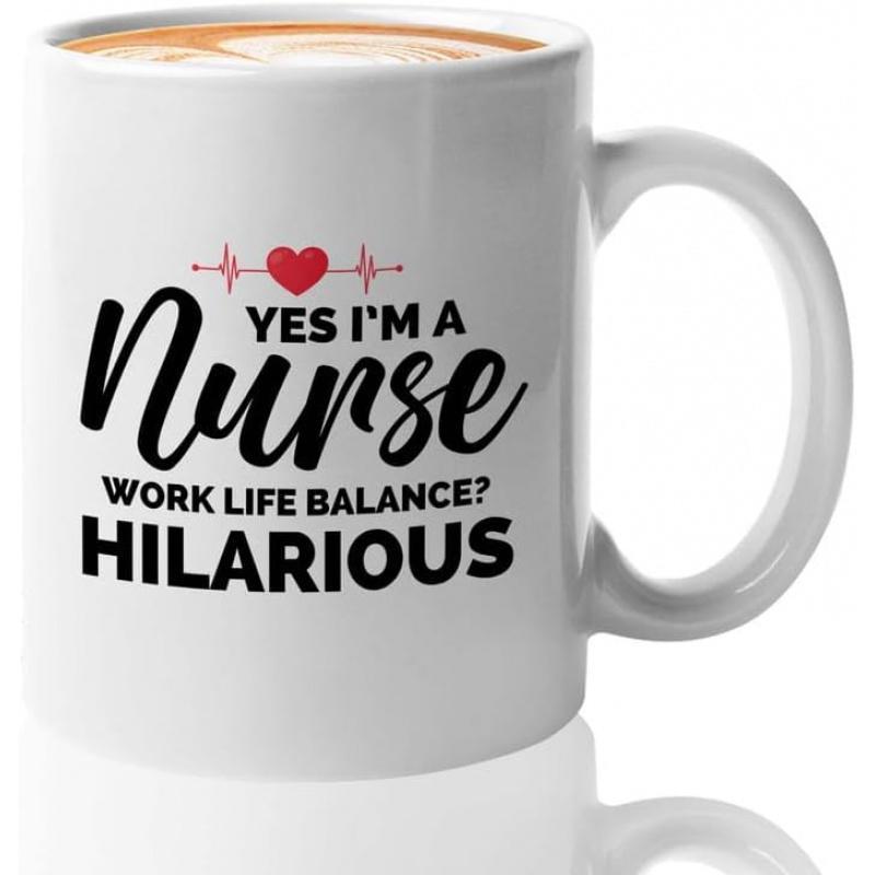 Tailorly White Ceramic 11 oz Mug - Yes Im A Nurse Work Life Balance Hilarious Minimalist Heartbeat Line Pulsing Around A Vibrant Red Medical Symbolic Heart Mug