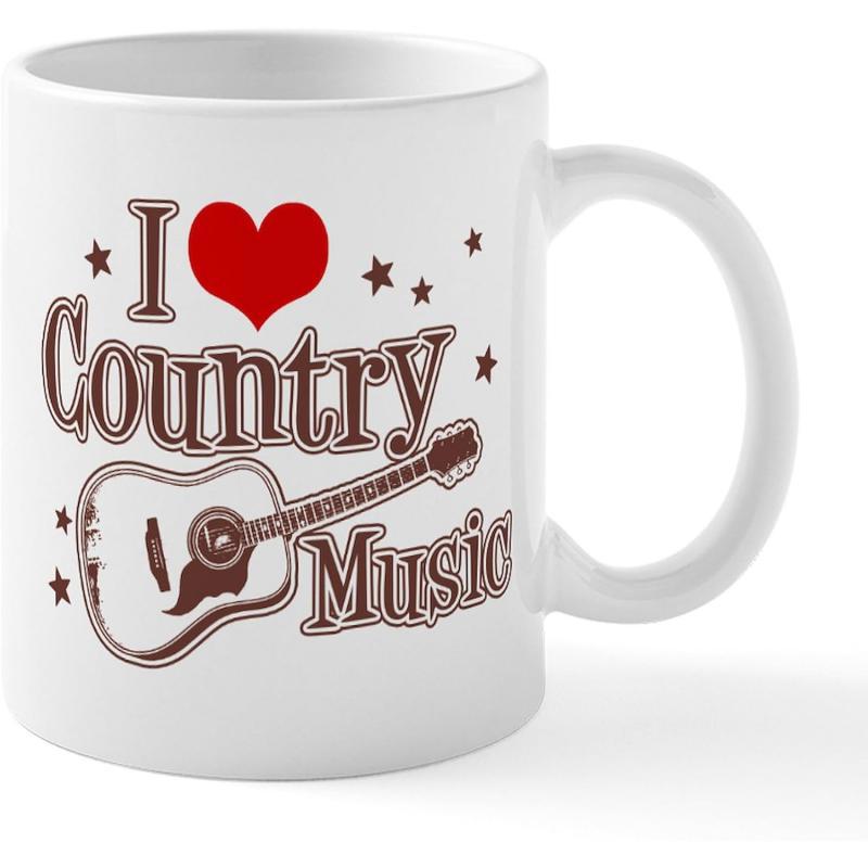 Tailorly White Ceramic 11 oz Mug - I Country Music Red Heart And Stars Surrounding A Classic Wooden Acoustic Guitar