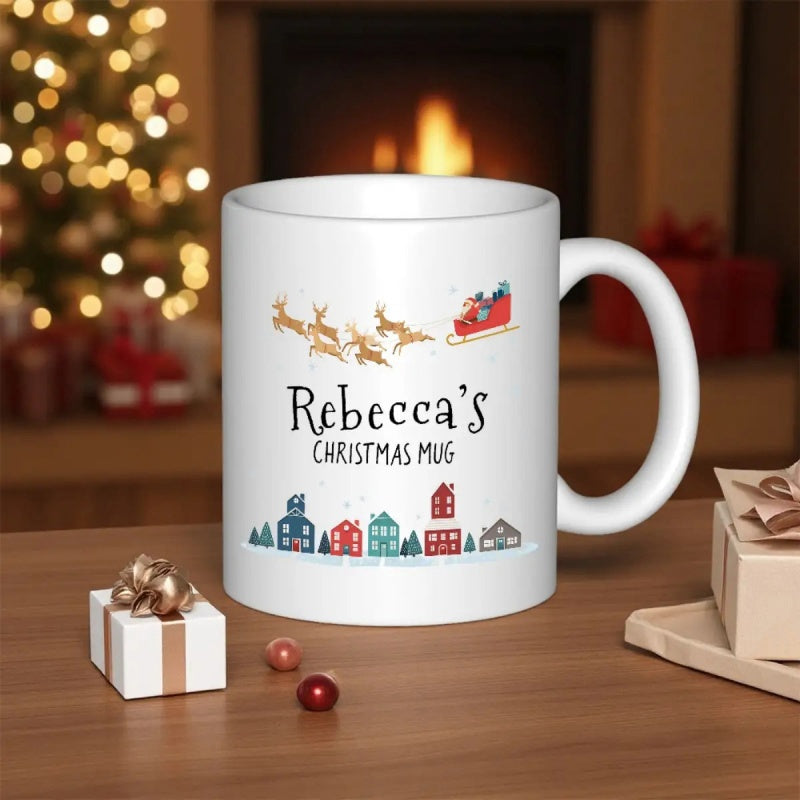 Tailorly White Ceramic 11 oz Mug - Rebeccas Christmas Mug Santa Sleigh Flying Over Tiny Colorful Snowy Houses Reindeer