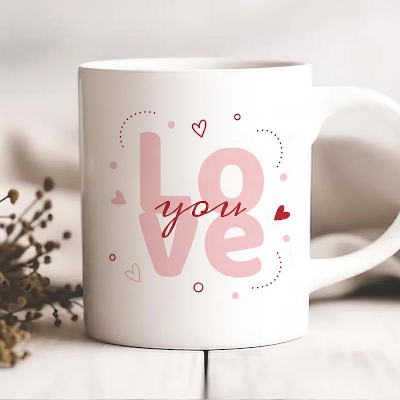 Tailorly White Ceramic 11 oz Mug - Love You Soft Pink Letters Surrounded By Small Red Dainty Decorative Floating Heart