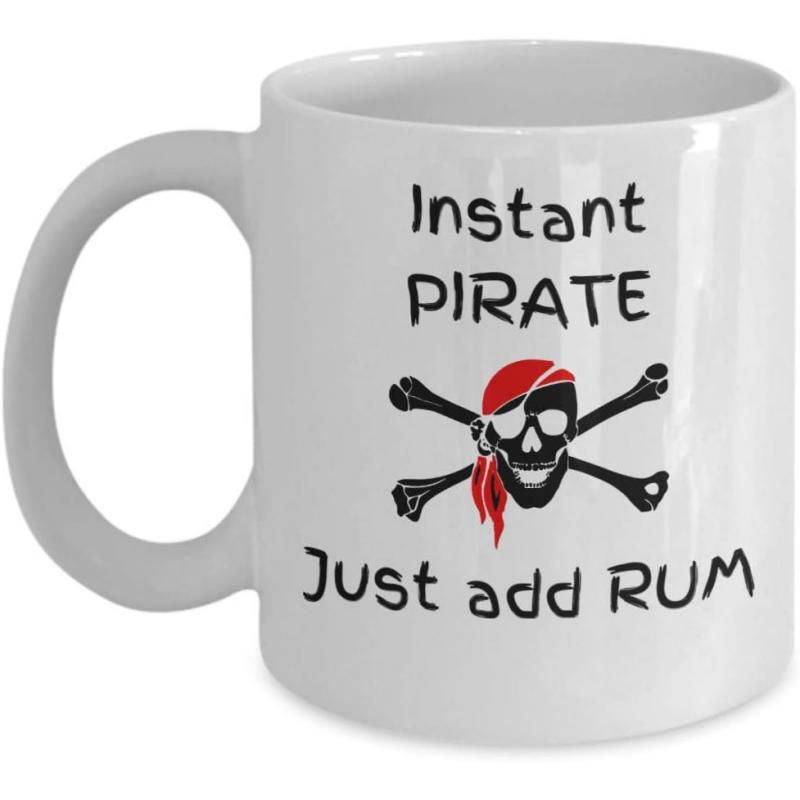Tailorly White Ceramic 11 oz Mug - Instant Pirate Just Add Rum Classic Grinning Skull And Crossbones Wearing A Vibrant Red Bandana Skull