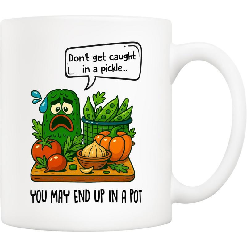 Tailorly White Ceramic 11 oz Mug - Don't Get Caught In A Pickle You May End Up In A Pot Cartoon Vegetables Sitting On A Wooden Cutting Board With Anxious Pickle