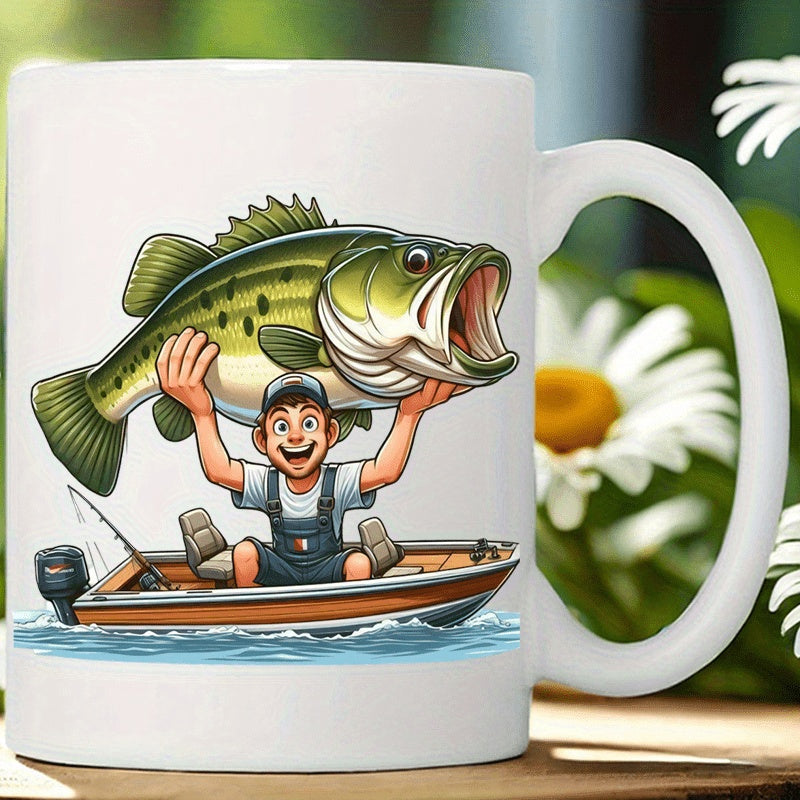 Tailorly White Ceramic 11 oz Mug - Joyful Fisherman Holding Giant Green Bass Over Boat In Blue Water Bass
