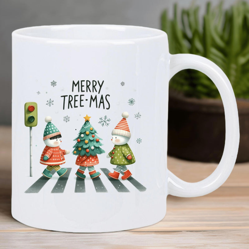 Tailorly White Ceramic 11 oz Mug - Merry Tree Mas Festive Christmas Characters Walking Across Zebra Crossing With Snowflakes Snowman