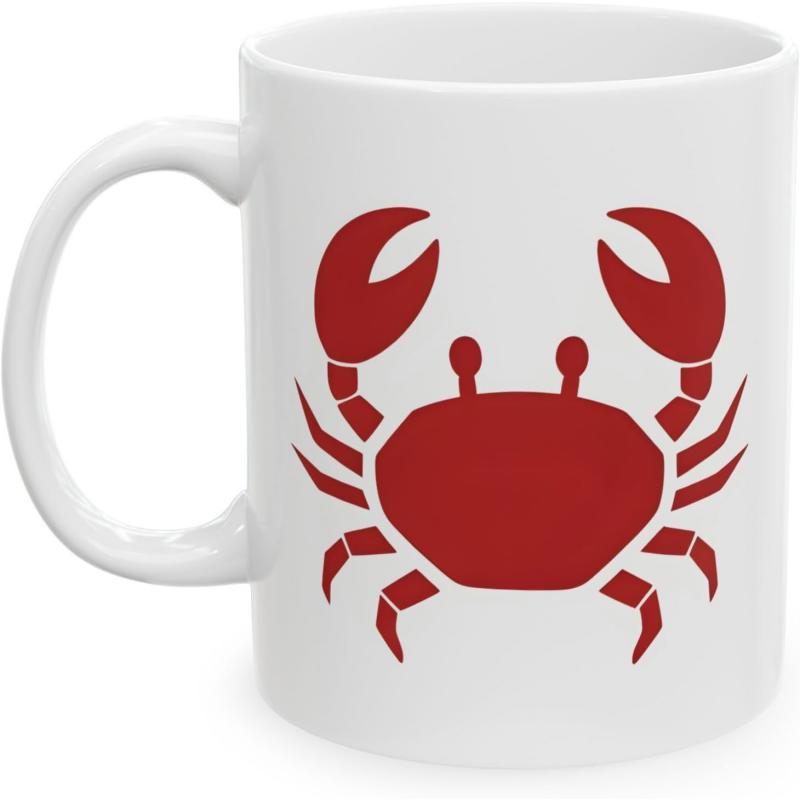 Tailorly White Ceramic 11 oz Mug - Minimalist Red Sea Creature With Large Claws Crawling On White Surface Crab