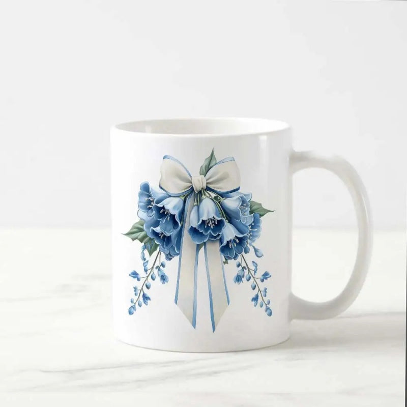Tailorly White Ceramic 11 oz Mug - Delicate Blue Floral Arrangement Tied With An Elegant White Ribbon Bouquet