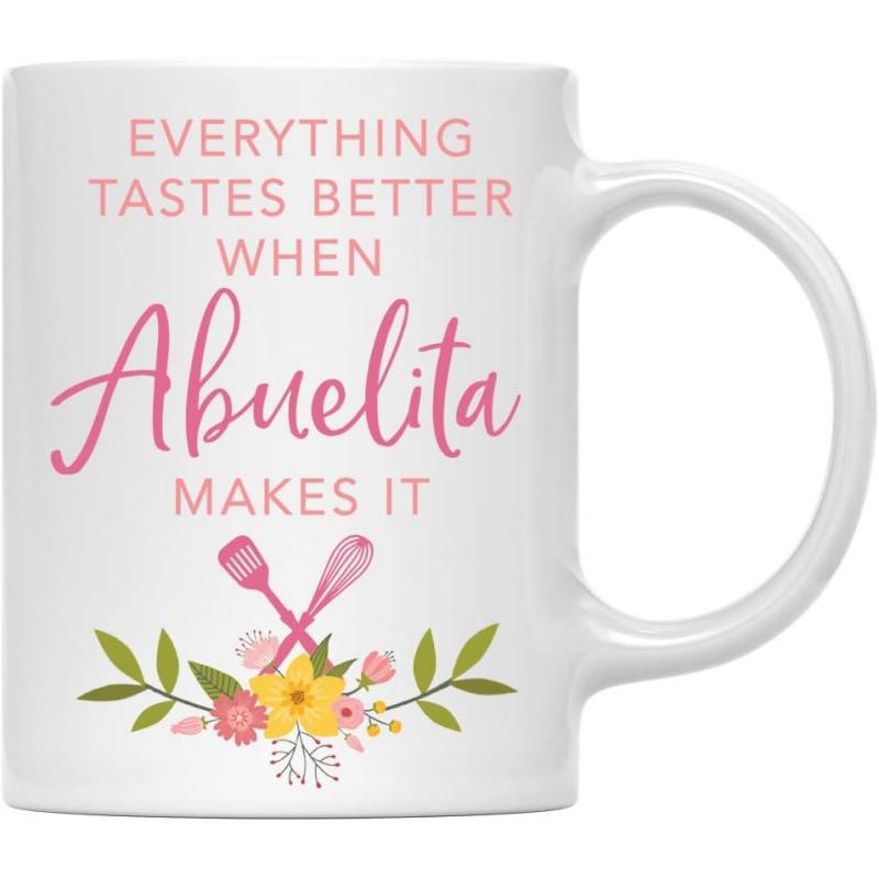 Tailorly White Ceramic 11 oz Mug - Everything Tastes Better When Abuelita Makes It Pink Crossed Spatulas Above A Colorful Vibrant Floral Arrangement Mug